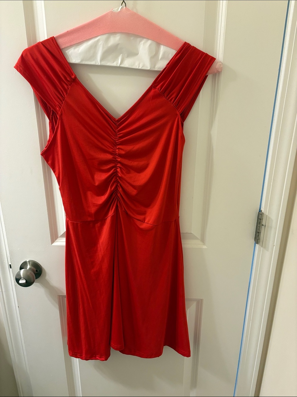 Red V-Neck Ruched Women's Dress